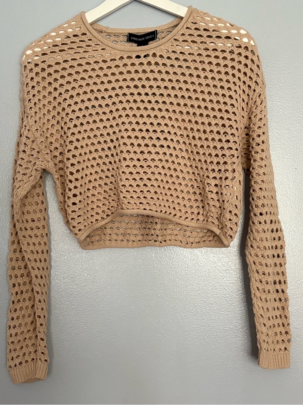 Streetwear Society Beige Open-Knit Cropped Sweater